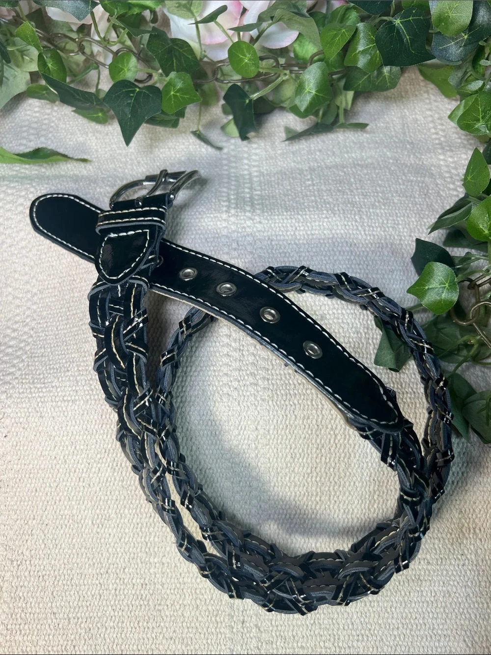 🔥Vintages Apostrophe Black Patent Braided Belt with Silver Buckle
